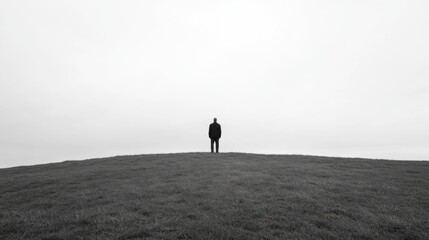 Solitary figure standing on a hill in fog.