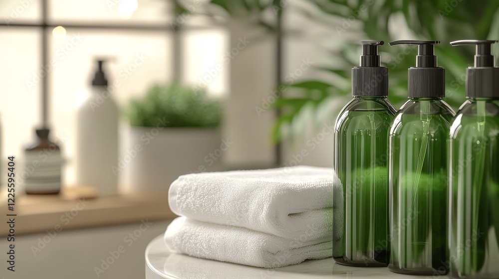Poster serenity and elegance in a tranquil indoor spa setting featuring soothing green bottles and plush wh