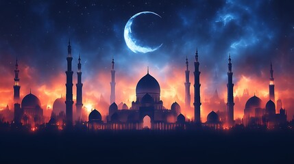 Majestic Mosque Silhouette Under Crescent Moon And Starry Night