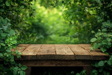 Fototapeta premium Serene wooden platform surrounded by lush greenery in a tranquil forest setting, ideal for relaxation