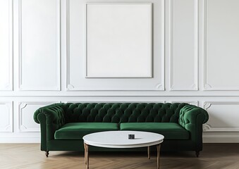 Scandinavian home interior with a plush green velvet sofa, coffee table, and white walls