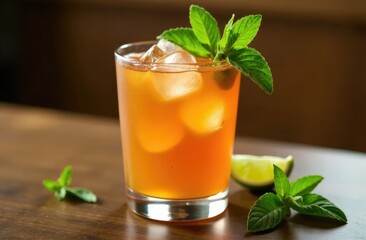 Fototapeta premium Homemade Moscow Mule Cocktail fresh vodka, lime juice, syrup and ginger beer and mint leaves as garnish
