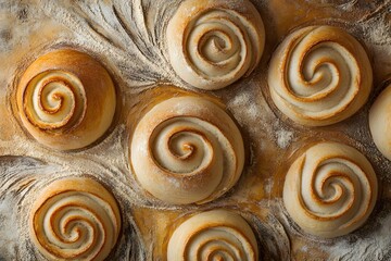 Golden brown spiral bread rolls arranged in a rustic baking