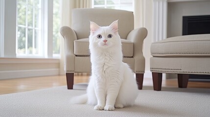 A fluffy white cat with blue eyes sits gracefully on a light gray chair in a bright, airy living room. Wooden elements add warmth to the minimalist decor