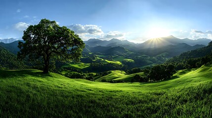 Naklejka premium Majestic sunset over rolling green hills, single tree foreground; idyllic landscape for nature, travel, and tourism