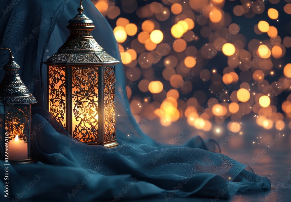 Poster beautiful glowing lanterns surrounded by soft fabrics and bokeh lights create a warm and inviting at
