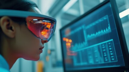 A closeup of a computer screen displaying live error data analytics while workers in AR glasses make adjustments on the production floor to minimize faults.