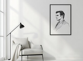 Scandinavian interior design of a modern living room with an elegant armchair, black lamp, and a poster frame featuring a big line art portrait of a man on a white wall, minimalistic style