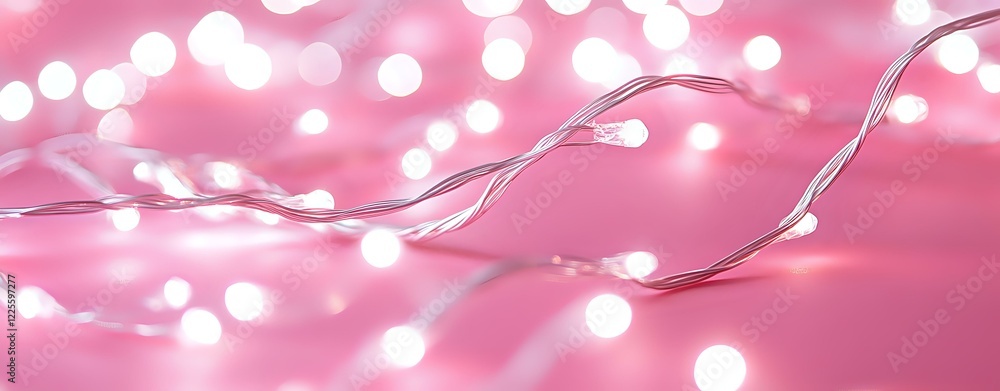 Poster glowing fairy string lights creating magical bokeh effect on pink background, soft focus illuminatio