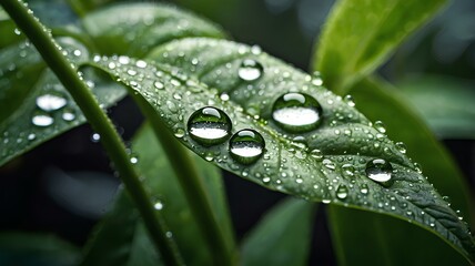 Closeup of Green Leaf with Water Droplets