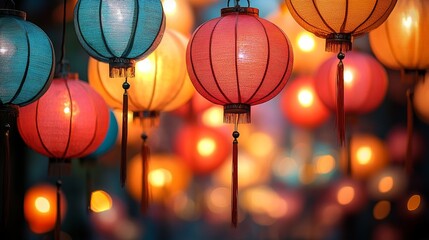 Stunning lanterns illuminate the night market, casting colorful reflections under the starry sky...