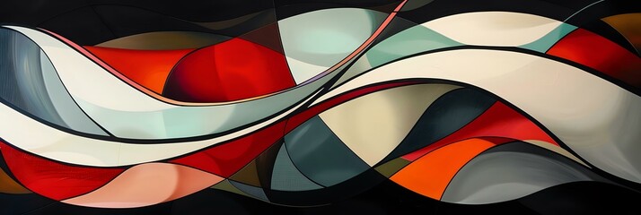 Abstract panoramic composition with flowing curved lines in red, white, black and turquoise creating dynamic movement and modern artistic design for wall decor.