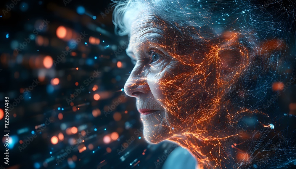 Poster profile view of mature man with glowing orange and blue particle effects creating surreal digital ar