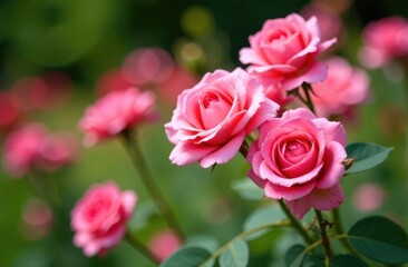 Blooming rose bushes close up in the garden. Summer natural background