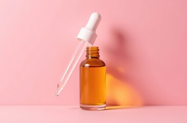 Fototapeta premium Amber glass bottle of essential oil or serum with pipette on pink pastel background with shadows. Natural skincare cosmetic concept 