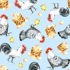 Happy chicken seamless pattern. Farm Animals, Rooster, Hen, Bio Eggs, Coop, Chicks, Nest, Eco Village. Isolated elements. Stock illustration. Hand painted in watercolor.