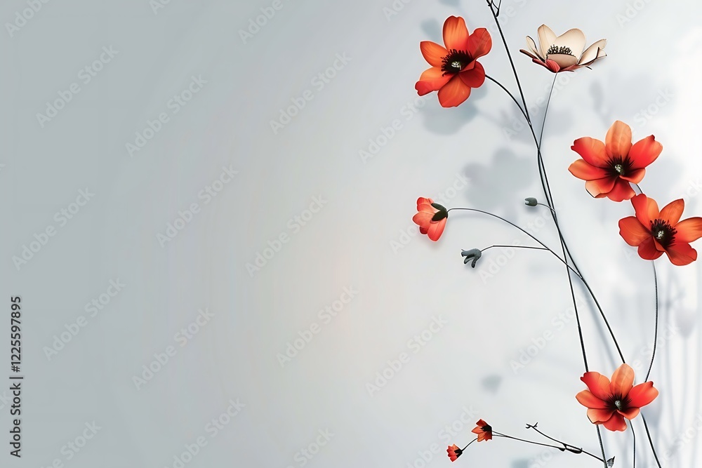 Poster a minimalist image features a delicate branch of stylized orange poppies and offwhite flowers agains