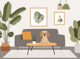Scandinavian interior of a modern living room with a gray sofa, wooden coffee table, and an elegant dog sitting on the couch