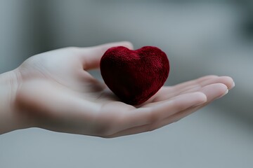 Gentle feminine hand holding soft velvet red heart shape against blurred background, representing care, love, and tenderness. For Valentine's day and romance designs.