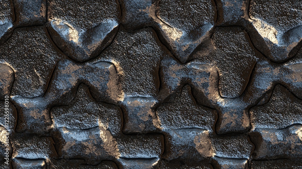 Poster Textured surface of a rugged material reflecting light in an intriguing pattern captured in an industrial setting during twilight