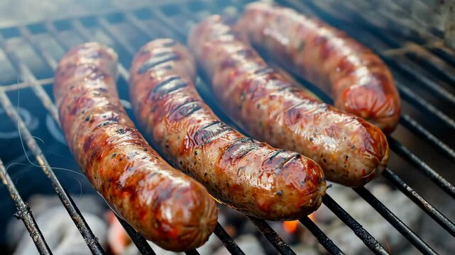 Four beautifully grilled sausage links sit on a barbecue grill, showcasing a rich, caramelized exterior as smoke rises in a backyard setting.