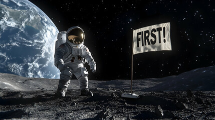 First moon landing astronaut planting humorous victory flag with triumphant message on lunar surface