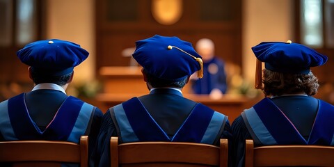 Graduates in blue academic regalia and caps sitting in wooden pews during commencement ceremony, view from behind showing traditional doctoral gowns.