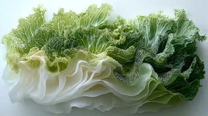 Fresh chinese cabbage leaf with natural wavy pattern and gradient color from white to dark green, macro photography on white background for food design.