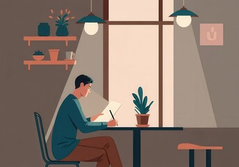 Asian male adult working at desk in cozy room with plants and warm lighting