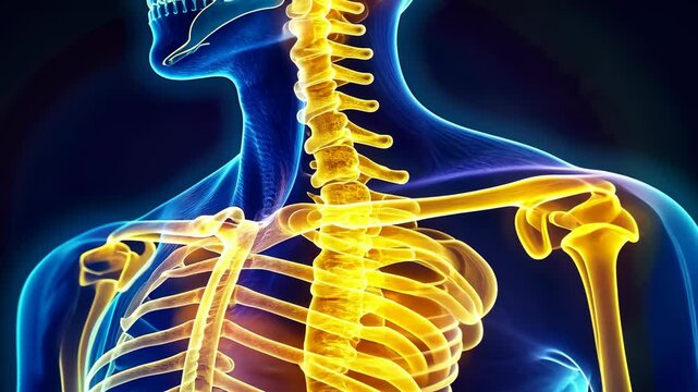 Digital rendering of human skeletal structure highlighted in blue. X-ray vision illustrating neck and spine anatomy. Detailed focus on cervical vertebrae. Visualization aids in medical education.