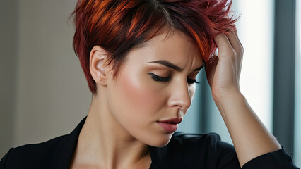 Fototapeta premium Woman suffering from stress, migraine or a headache grimacing in pain