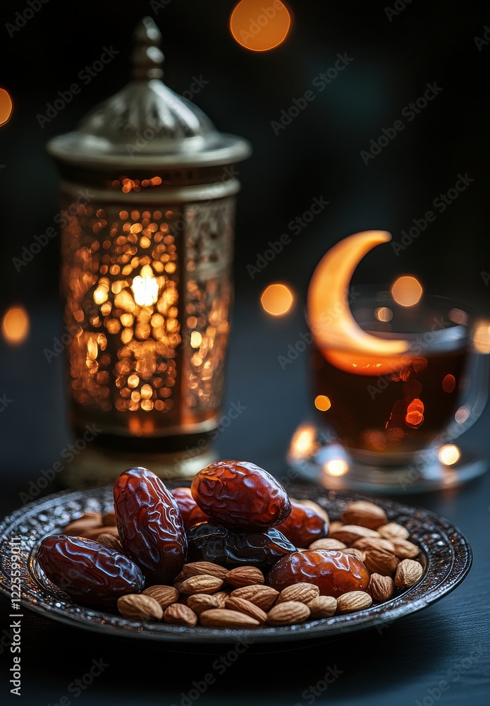 Poster beautifully arranged dates and almonds on a decorative plate with lantern and crescent moon in a ser