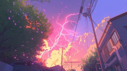 Pink Lightning Strikes Cityscape Anime Art