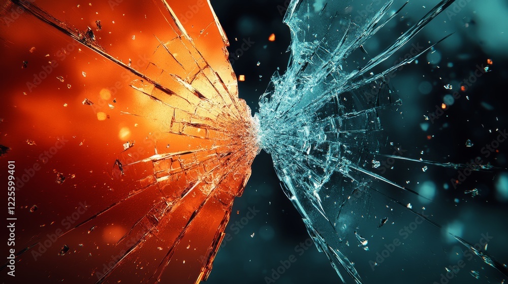 Poster dynamic collision of forces creates a stunning display of shattered glass against vibrant contrastin