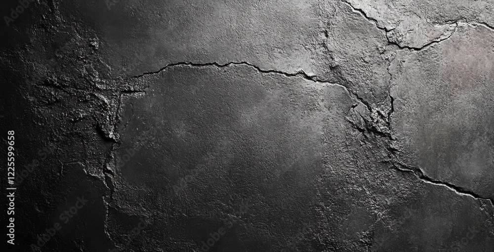 Poster Textured black surface with cracks exhibiting an element of drama and depth under subtle lighting conditions, ideal for backgrounds or artistic expressions