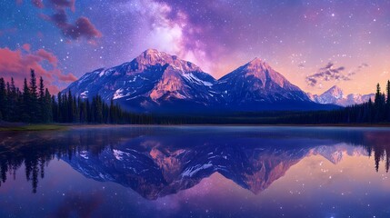 Majestic Mountain Landscape with Serene Lake and Starry Sky