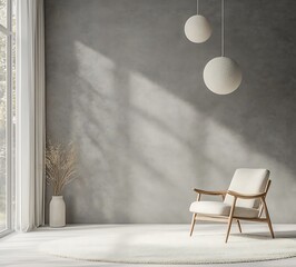 Scandinavian minimalistic room design, textured gray wall, white floor with a neutral carpet, two spherical pendant lights, and a spacious area for text placement