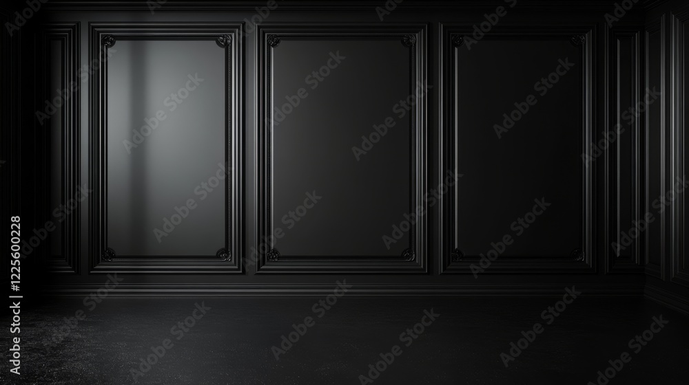Aufkleber discovering shadows in an elegant dark room with intricate wall designs and a single light illuminat