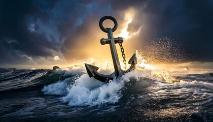 Dramatic image of a large anchor in stormy ocean waves during a sunset.  The anchor symbolizes strength, stability, and hope amidst challenging times.