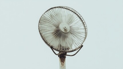 Close-up of an old, rusty, metallic standing fan against a light gray sky.