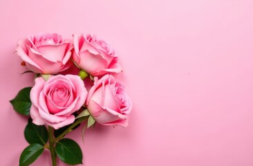 Beautiful bouquet of pink Rose flowers on a pink pastel background. Place for text.