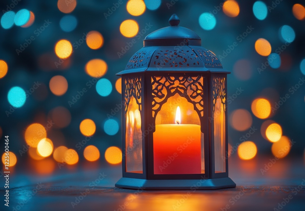 Poster captivating lantern with a flickering candle surrounded by soft bokeh lights in an enchanting evenin