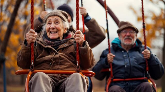 Senior group having fun on a park swing set, carefree and happy. Active senior lifestyle concept