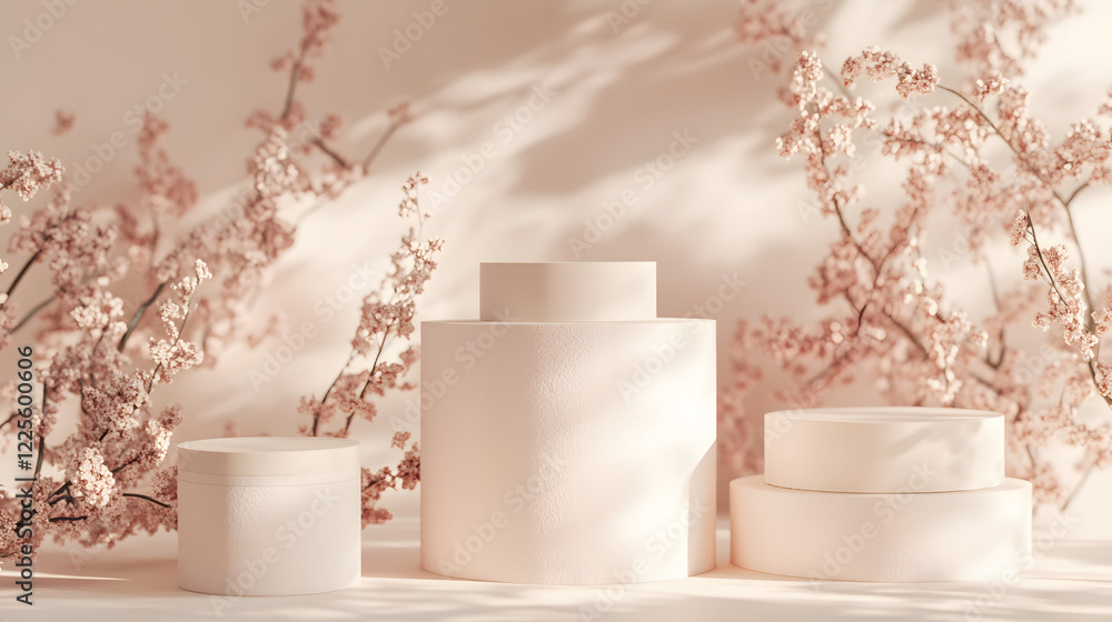 Poster abstract minimal scene with geometrical forms. cylinder podiums in cream pink colors. abstract backg