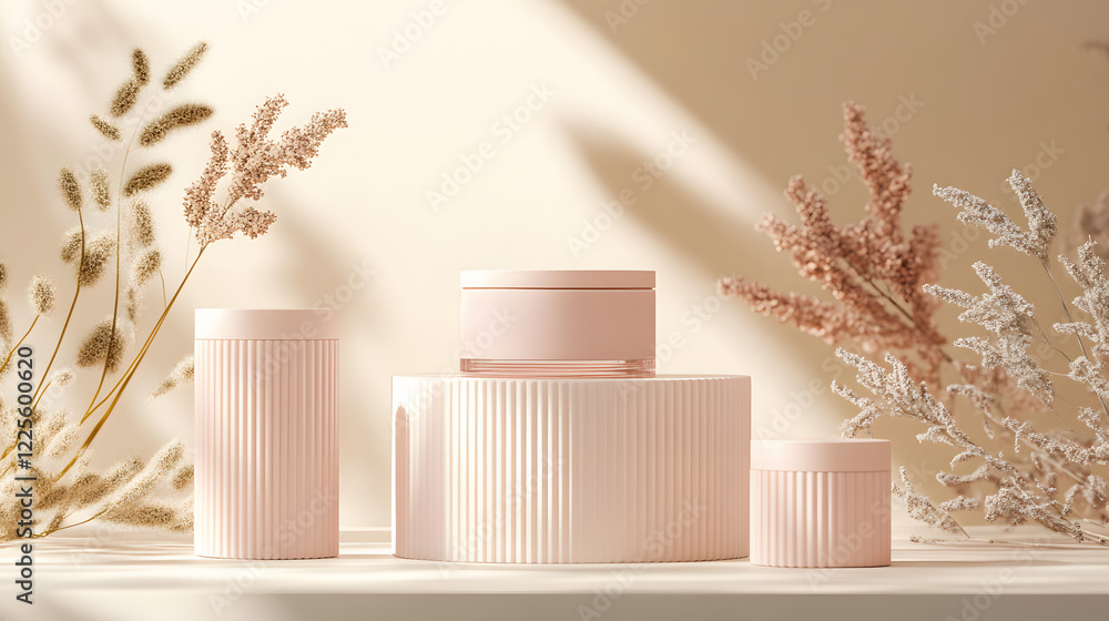 Poster abstract minimal scene with geometrical forms. cylinder podiums in cream pink colors. abstract backg