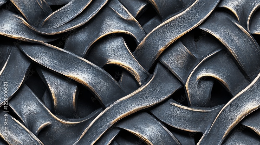 Poster intricate patterns of metallic ribbons woven together in an artistic tapestry, capturing light and s