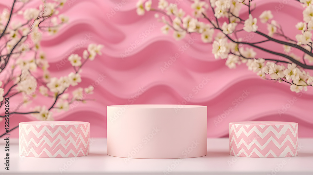 Poster abstract minimal scene with geometrical forms. cylinder podiums in cream pink colors. abstract backg