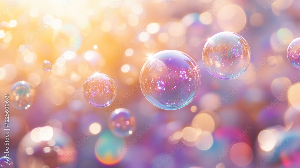 Poster sparkling bubbles float in a soft light background