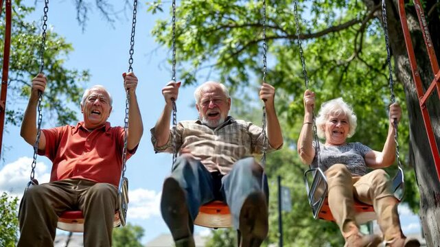 Senior group having fun on a park swing set, carefree and happy. Active senior jifestyle concept