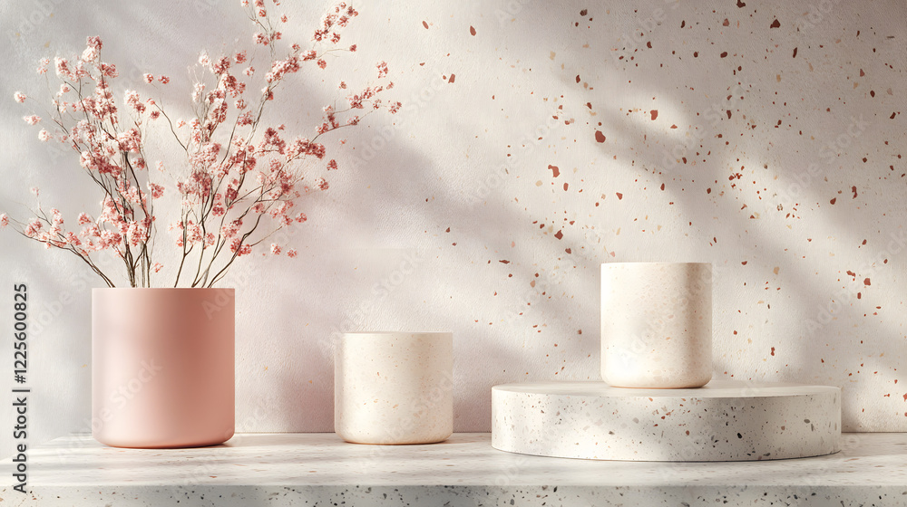 Poster abstract minimal scene with geometrical forms. cylinder podiums in cream pink colors. abstract backg